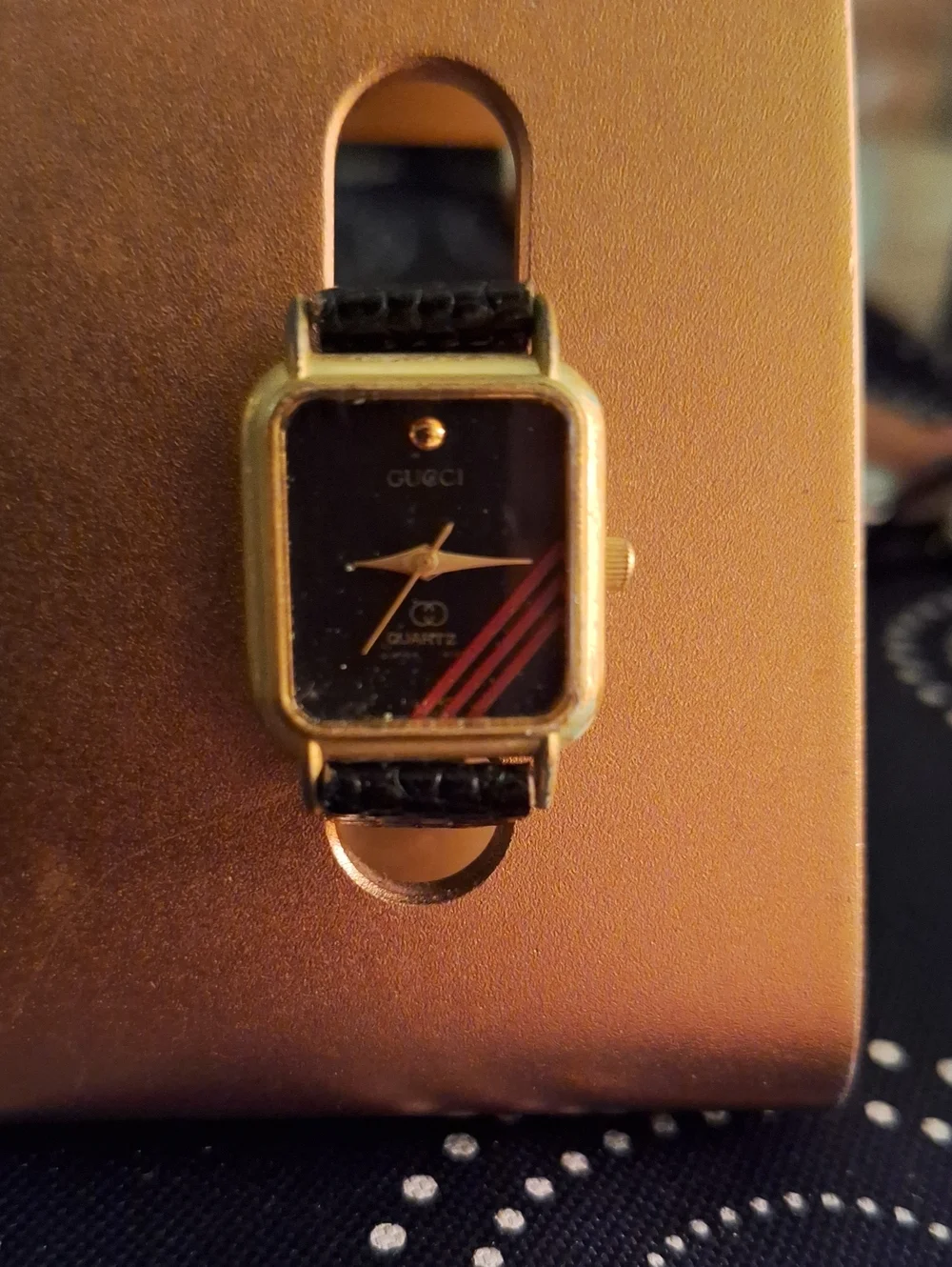 Gucci Black Dial Gold-Tone Rectangular Women's Watch with Red Stripe